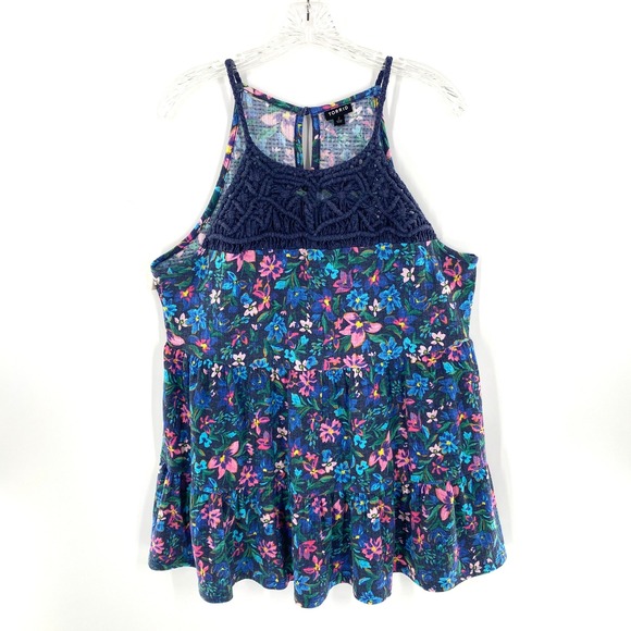 Torrid Womens Tank Top Tiered Crochet Navy Blue Floral Sleeveless Swing Sz 2/XL - Picture 1 of 12